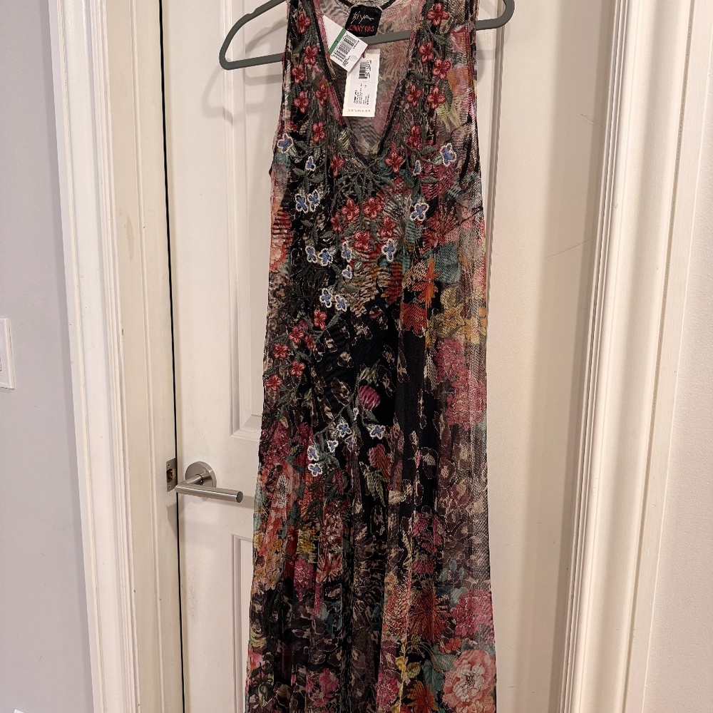 Johnny Was Wild Gardenia night Mesh Dress with black Slip Size L NWT